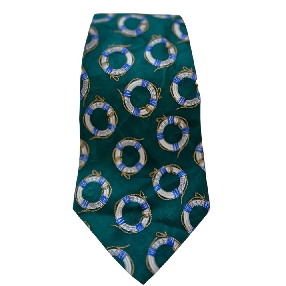 Polo Ralph Lauren Life Preserver Ring Nautical Silk Tie Green Made Italy